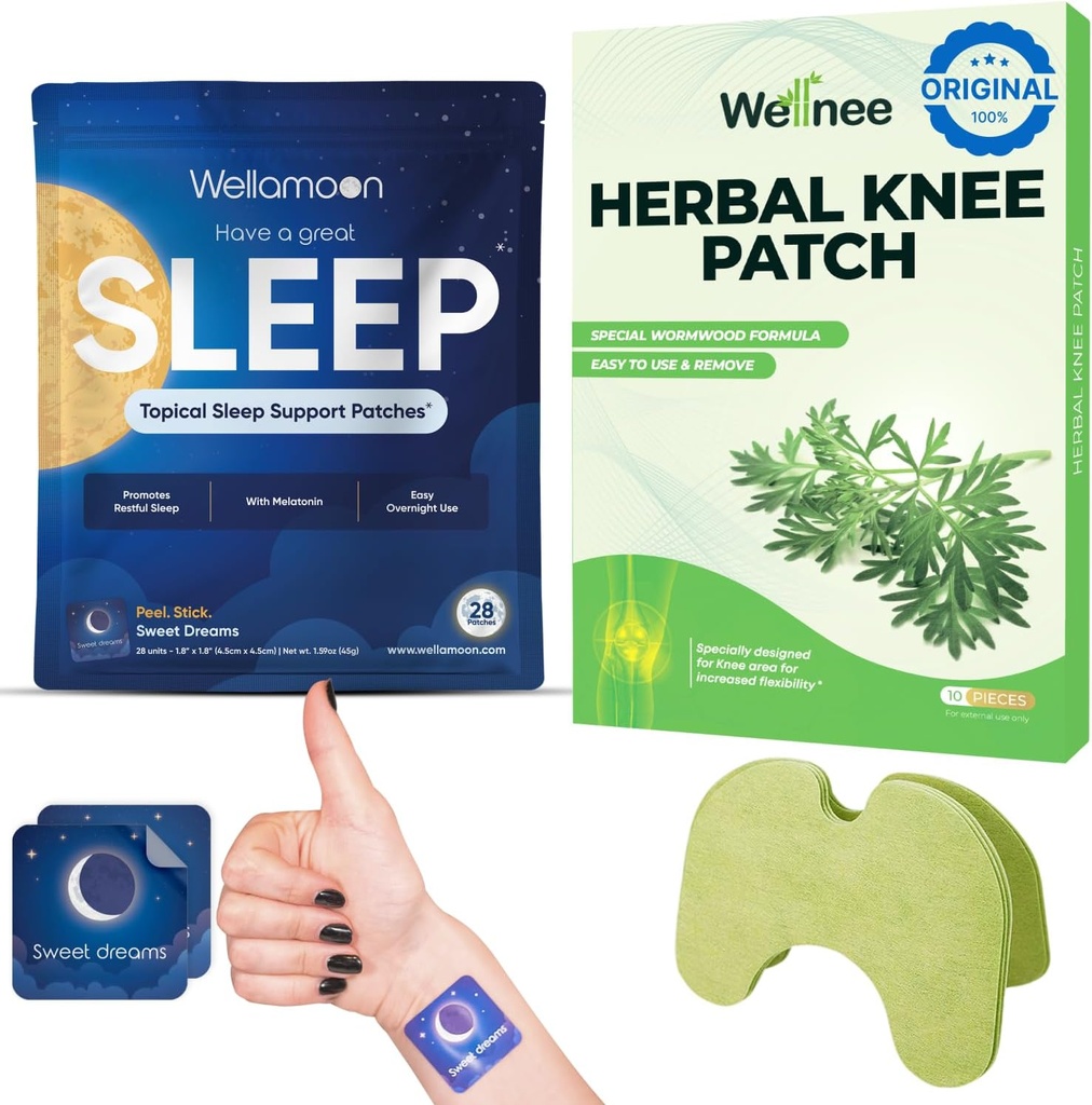 Wellnee & Wellamoon Wellness Pack: Zeliščno koleno Comfort obliži (10 Count) & Naravni spanja podporo obliži (28 Count) – Joint & Muscle Comfort z rastlinsko-based spanja pomoč