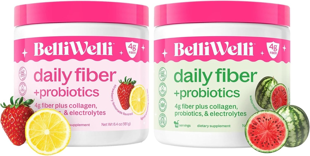 Belli Welli Daily Fiber Supplement Bundele - Jagodna limonada in lubenica - Kolagen, probiotiki in elektroliti za uravnoteženo Wellness - osvežilne arome, 32 Servisi skupaj
