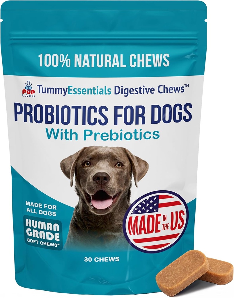 Tummy Essentials Probiotic Chews for Psi, Podpira Gut Zdravje za pse in Firm Stools, Pomaga odpraviti digestivno disfunkcijo, Pasji probiotiki Izdelano v ZDA, 30 Chews
