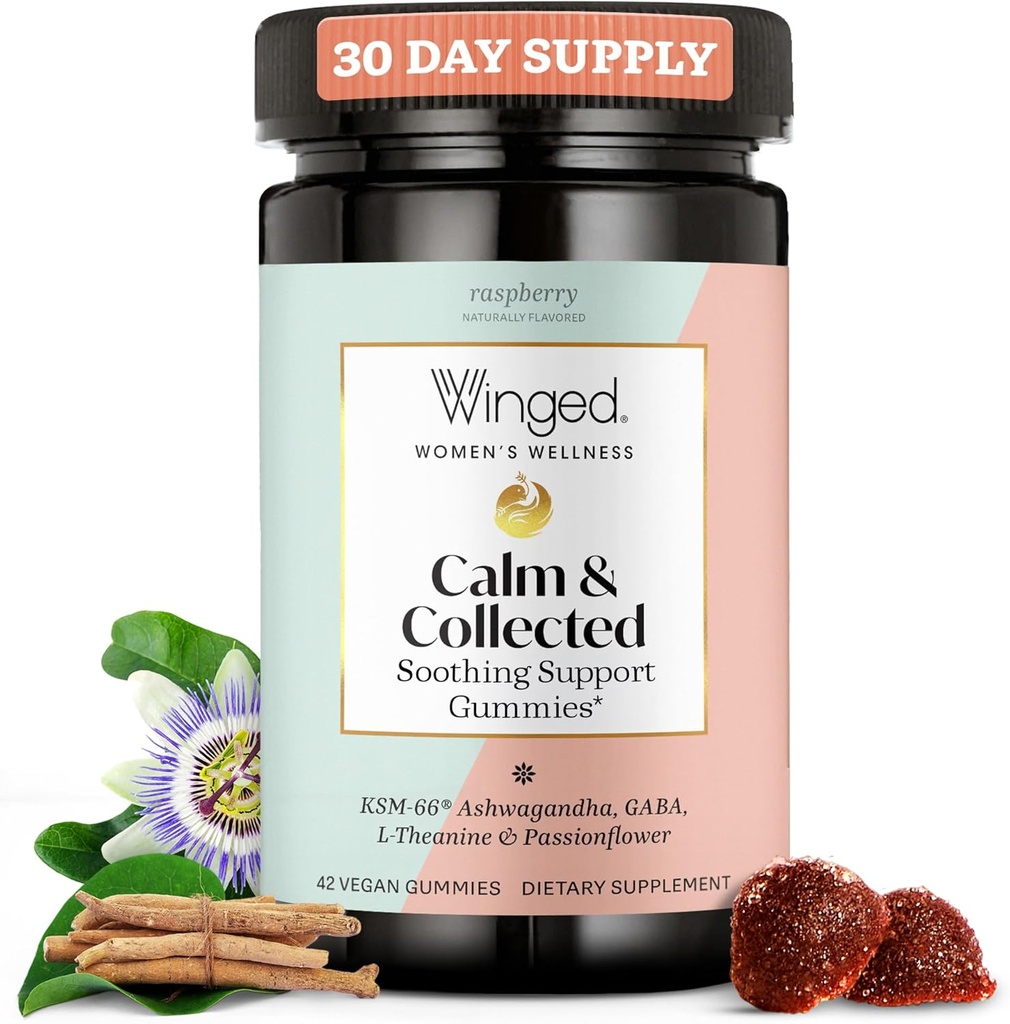 Winged Wellness Calm & Colleed, Stress Relief Gummies - Stress podpora dodatek z KSM-66 Ashwagandha, L-Theanine, GABA & Passionflower - Vegan & Gluten-free Gummy - Raspberry, 42 Count