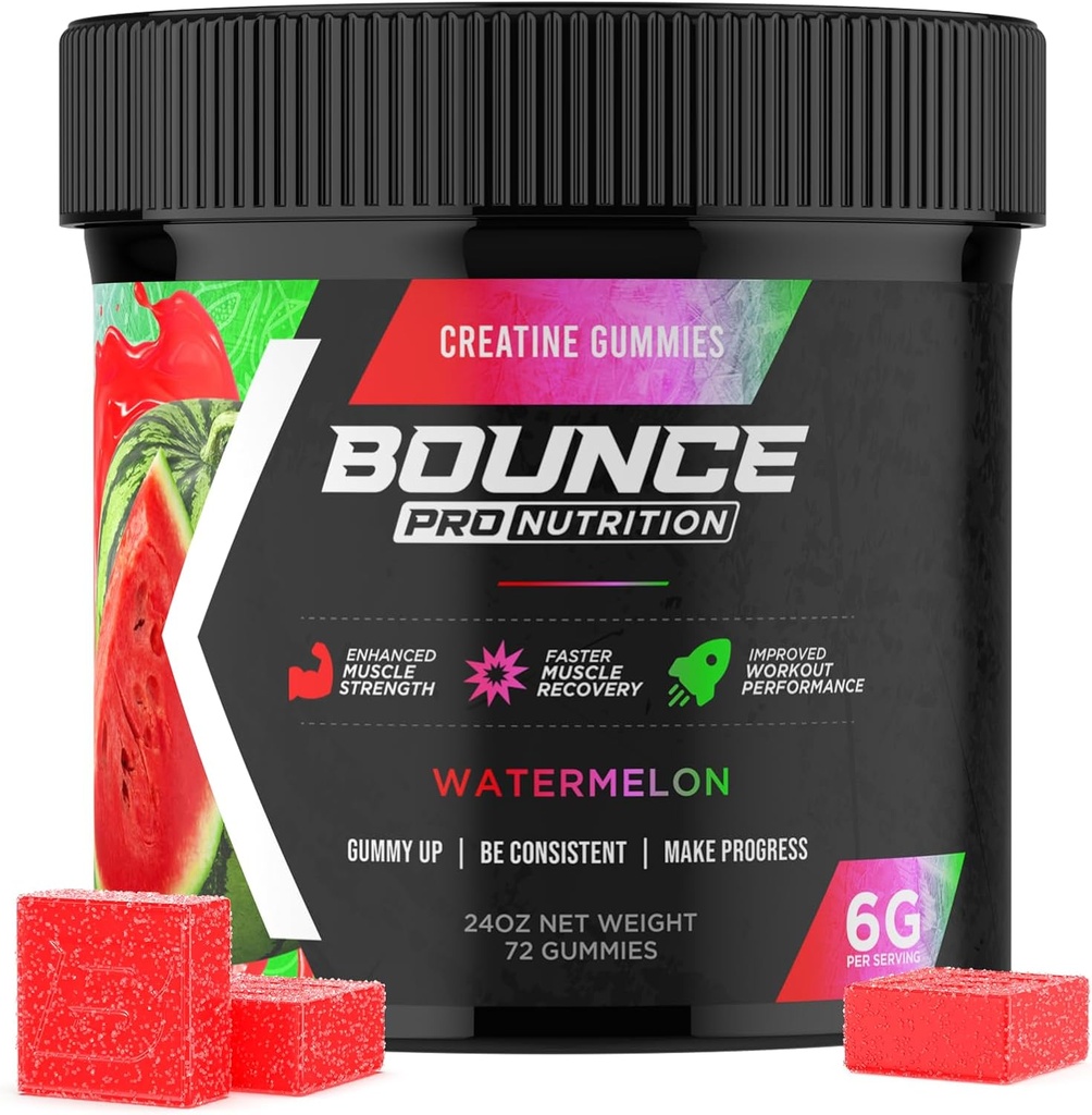 Bounce Pro Creatine Monohidrat Gumiji za moške in ženske, Nizka kalorija, 6G kreatin na serviranje, Vegan, Anti-Melting, Gluten-free, Ne-GMO, 2g kreatin na Gummy (72ct, Watermelon)