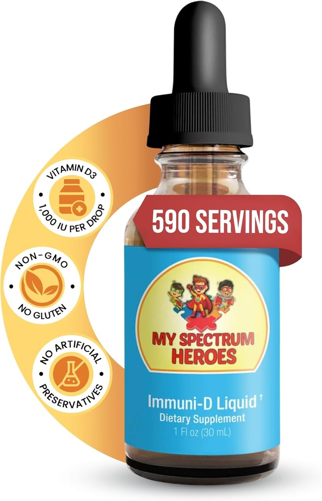 Moj Spectrum Heroes - Imuni-D Tekoči vitamin D3 dodatek, 1000 i.e. na strežbo, brez glutena, brez okusa vitamin tekočine, AIDs in mineralna absorpcija za otroke in odrasle - 1 FI oz (30 ml)