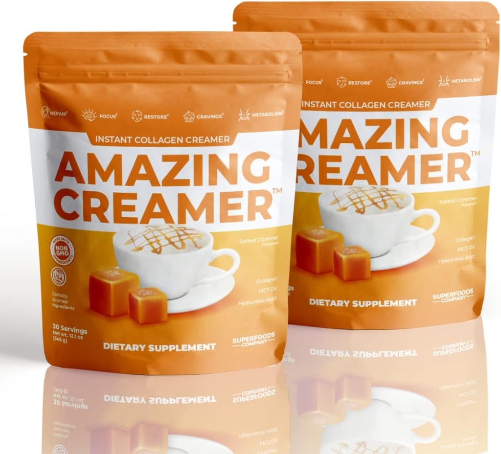 Superfoods Podjetje Amazing Creamer z Collagen - Keto Creamer-Hyaluronic Acid & MCT Oil - Brain Boost & Curbs Cravings - Podpira zdravo kožo in lase - Dietno-prijazno [60 Servings] [Salted Caramel]