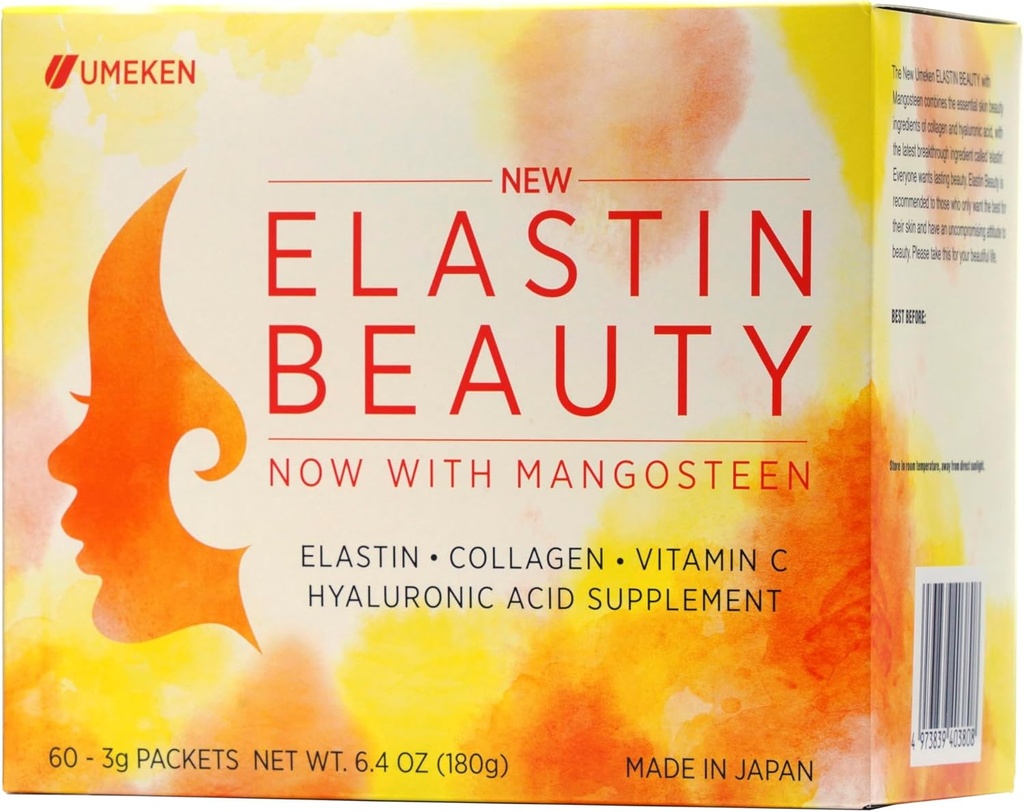 Umeken Elastin Beauty Powder dodatek s kolagen peptidi, hialuronska kislina, vitamin C in mangostinsko sadje, žensko zdravje in wellness, 1 mesec dobave, 60 paketov