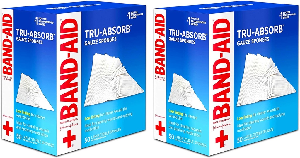 Band Aid Blagovne znamke Prva pomoč Izdelki Tru-Absorb Sterile Gaze Sponges za čiščenje in čiščenje ran, Nizko Lint Design, 4 palcev za 4 palcev, 50 Število (Pack od 2)