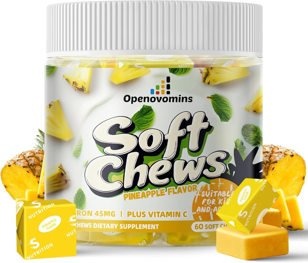 Železo dopolnilo žvečijo z vitaminom C za ženske moške in otroke, naravni veganski železov soft Chew z vitaminom B6,B12,D, kalcij in cink - energijska podpora, 60 Ananasov softchews,2 Mesec oskrbe