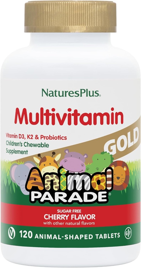 NaturesPlus Animal Parade Gold otroški žvečljivi multivitamin - naravna češnjeva aroma - 120 Animal Shaped-Tablets, pakiranje 2 - z vitaminom D3, K2 & probiotiki - 120 Total Servings