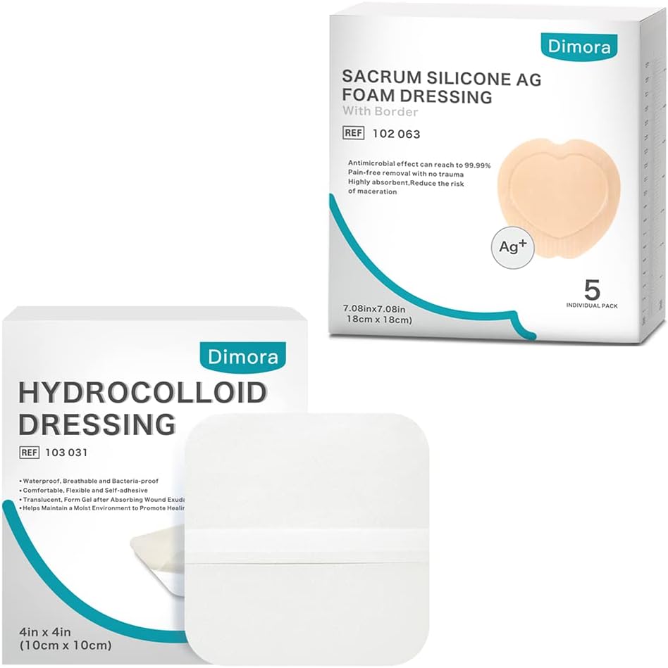 Hydrocololoid Rane Dressing, 10 Pack Ultra Thin 4" x 4" + Ag Silver Sacrum Foam Raw Obleke Silikonski adhezivni rob 7"x7"