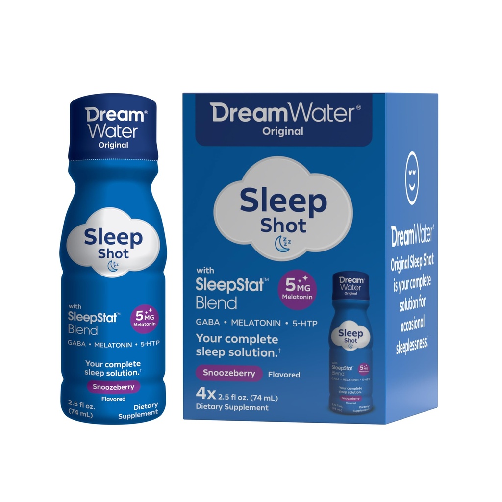 Sanjska voda za pomoč v spanju Dodatna pijača; Melatonin 5mg, GABA, 5-HTP; Nič sladkorja, naravne arome, brez dodanih barv, 2,5 oz Liquid Sleep Shots, Snoozeberry, 4-Count