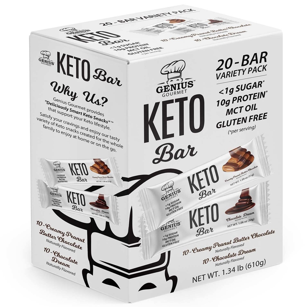 Genij Gourmet Gluten Free Keto Protein Bar, Čokolada Keto Bars, Premium MCT, Nizki ogljikovi hidrati, Nizki sladkor (Variety Pack, 20 Število (Pack po 1))