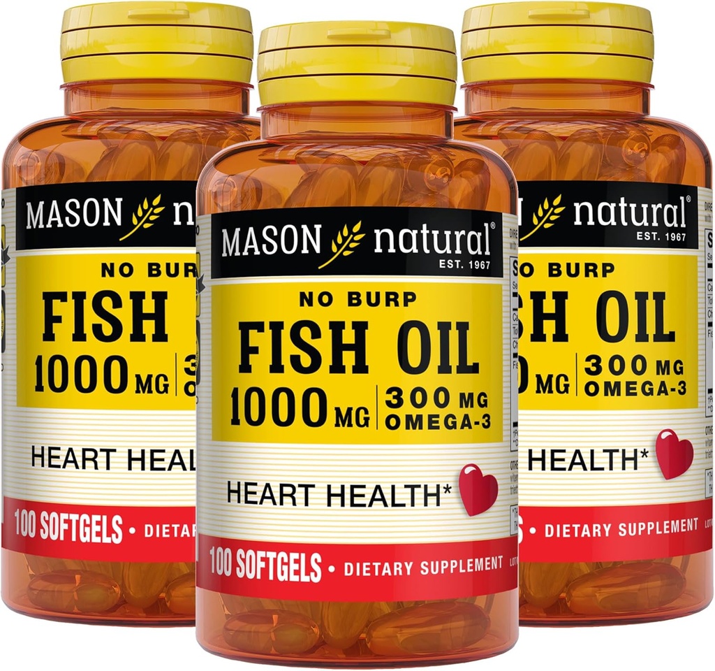 Mason Natural No Burp ribje olje 1000 mg Omega,3 300 mg, Podpira normalno zdravje srca, 100 Softgels (paket 3)