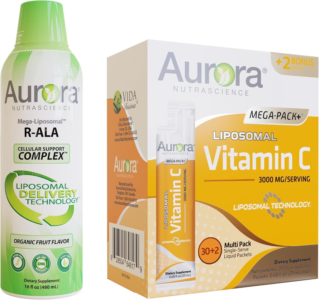 Aurora Nutrascience Mega-liposomal R-ALA z CoQ10 & L-karnitine Complex & Mega liposomal Vitamin C, 3000 mg