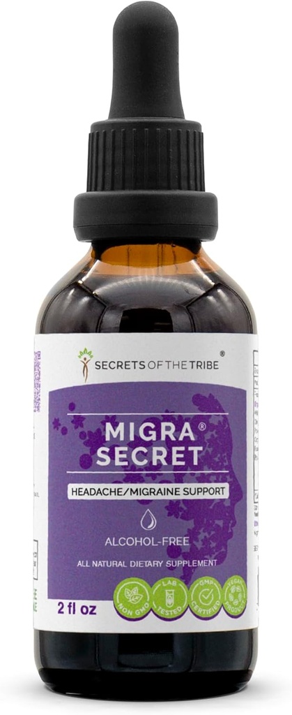 Skrivnosti Tribe - Migra Secret, Glavobol / Migrena Podpora, Zeliščna dopolnila Kapljice Brez alkohola Tekoči ekstrakt (2 fl oz)
