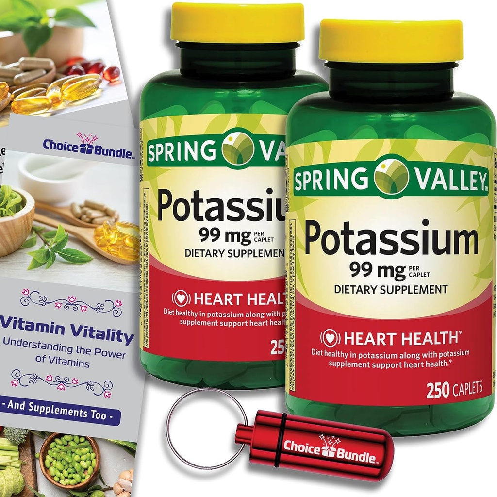 Choice Bundle Spring Valley Kalij Heart Health Supplement Caplets 99 mg 250 CT 2 pk (500 skupaj) + “Vitamin Vitality” Vodnik & Keychain Pill Container (4 Izdelki)!