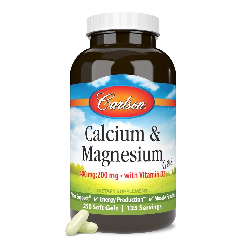 Carlson - Kalcij & Magnezij Gels, 2:1 Razmerje med kalcijom in magnezijem, 200 mg Kalcijev dodatek, 100 mg Magnezij dopolnilo, podpora kosti, proizvodnja energije, 250 Softgels