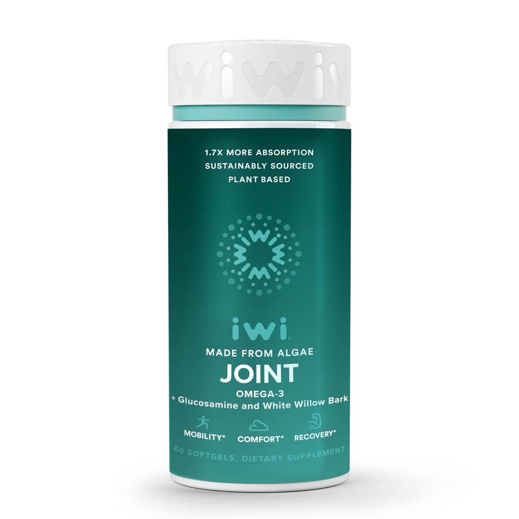 Iwi Life Joint Omega-3, 60 Softgels (30 servings), Rastlinsko-bazen Algae Omega-3 z glukozaminom, Podpora za mobilnost Dietni dodatek, Krill & Fish Oil Alternative, Brez ribjega pookusa