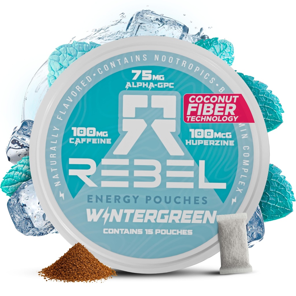Nootropna energija Kofein vrečke • 100mg kofein • Alfa GPC • Huperzin A & Essential Vitamini • Sugar-free • Coconut Fiber tehnologija • Wintergreen aroma • 15 vrečke na pločevinko (Pack po 1)