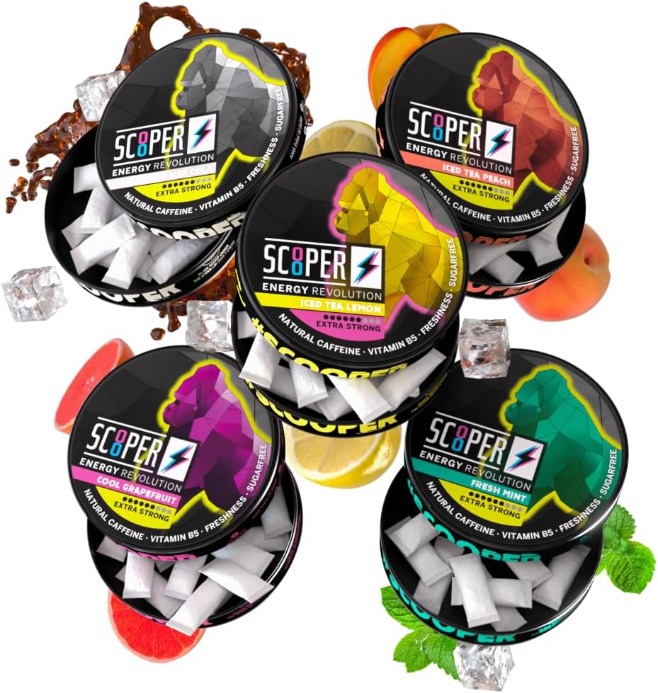 Scooper Energija I 5 pločevinke I All-in-One-Box I Energija vrečke Brez sladkorja I 80 mg Naravni kofein Vse arome I 12 vrečke I Hladno Grenivke, Sveža metina, Ledena Cola, Ledeni Peach & Lemon Čaj