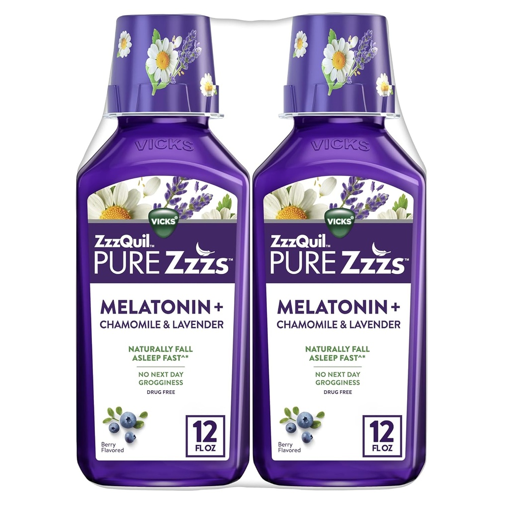ZzzQuil Pure Zzzs Melatonin Liquid, Sleep Aid, Liquid Melatonin 2mg, s kamilico & sivka, Fall Spi hitro, Melatonin Sleep AIDs za odrasle, Berry Flavored, 2 Pack, 24 FL OZ