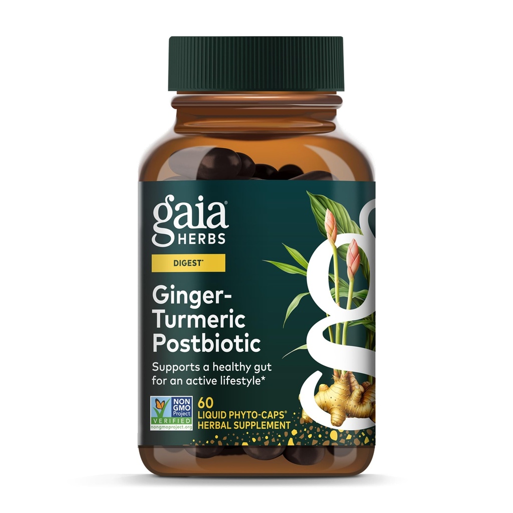 Gaia Herbs Ginger-Turmeric Postbiotic - Premium Digestive Support Supplement for Gut Health - Made with Fermented Turmeric & Ginger - Brez mleka, soje in glutena - 60 Veganske kapsule (30 strežbe)