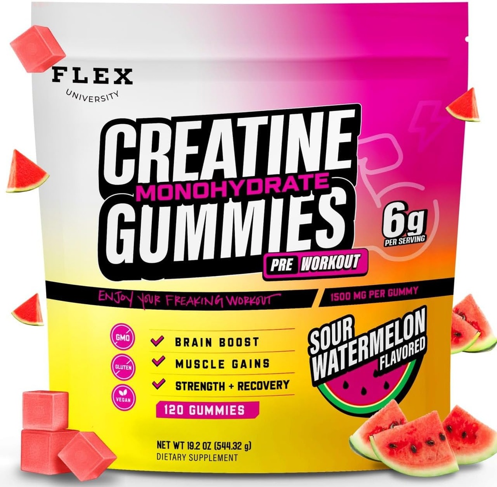 Kreatin PreWorkout Gummies za moške ženske 6g, Kreatin Monohidrat Pre Post Workout Recovery Muscle Building dodatek beljakovin Žvečilni izdelki, Veganska lubenica Creatina Gym Booty rast pridobi (120 Ct)