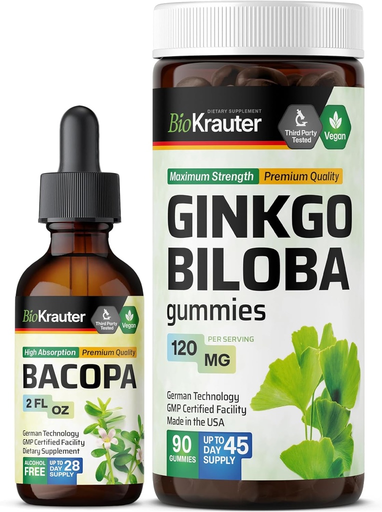 BIO KRAUTER Bacopa Tinkture 2 Fl. Oz. & Ginkgo Biloba 90 Gummies