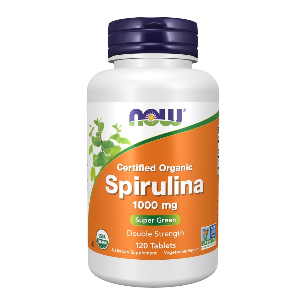 NOW Foods Supplements, Certified Organic, Spirulina 1000 mg (Dvojna moč), bogata z beta karoten (vitamin A) in B-12 z naravno GLA , 120 Tablete