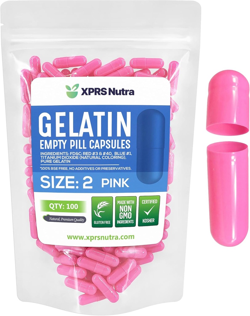 XPRS Nutra velikost 2 prazni kapsuli - 100 Štetje praznih kapsul želatine - tablete DIY Kapsule Polnjenje - Čiste goveje tablete Gel caps za Do-it-Yourself dodatki (Pink)