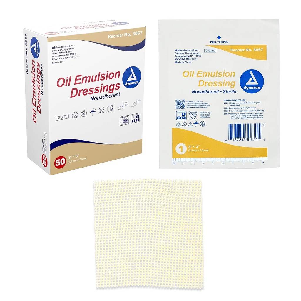 Dynarex olje Emulzije obleke, Rana nego, Absorbent, 3” x 3” Sterilno Knited Gaza Oblačenje z emulzijsko mešanico Petrolatum in sončnično olje, 1 Škatla 50 Emulzije olja