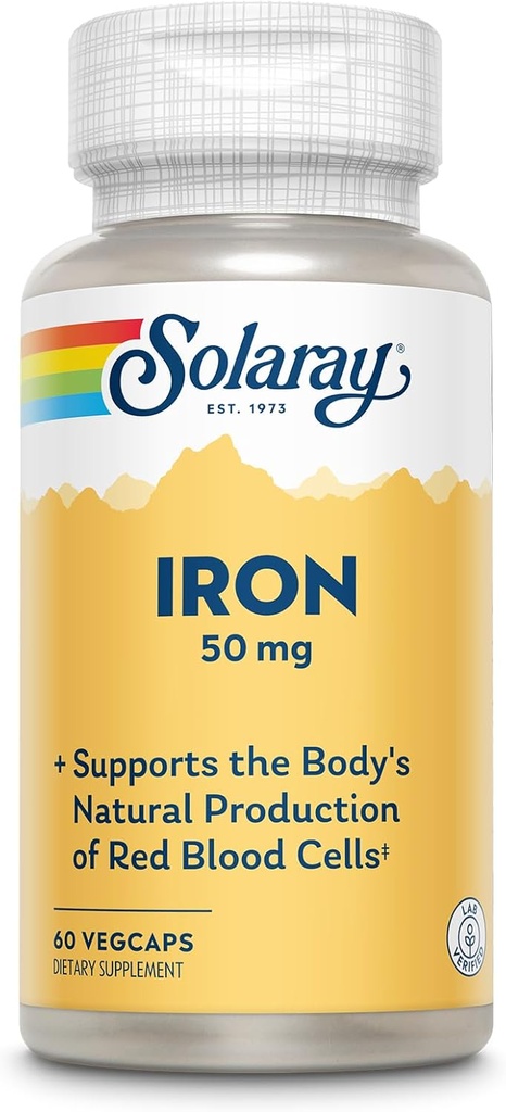 Solaray železove kapsule 50mg - Železo dopolnilo za ženske in moške w/Parsley in rumeno dok koren, podpira naravno proizvodnjo telesa rdečih krvnih celic, 60-dnevno garancijo, 60 Serving