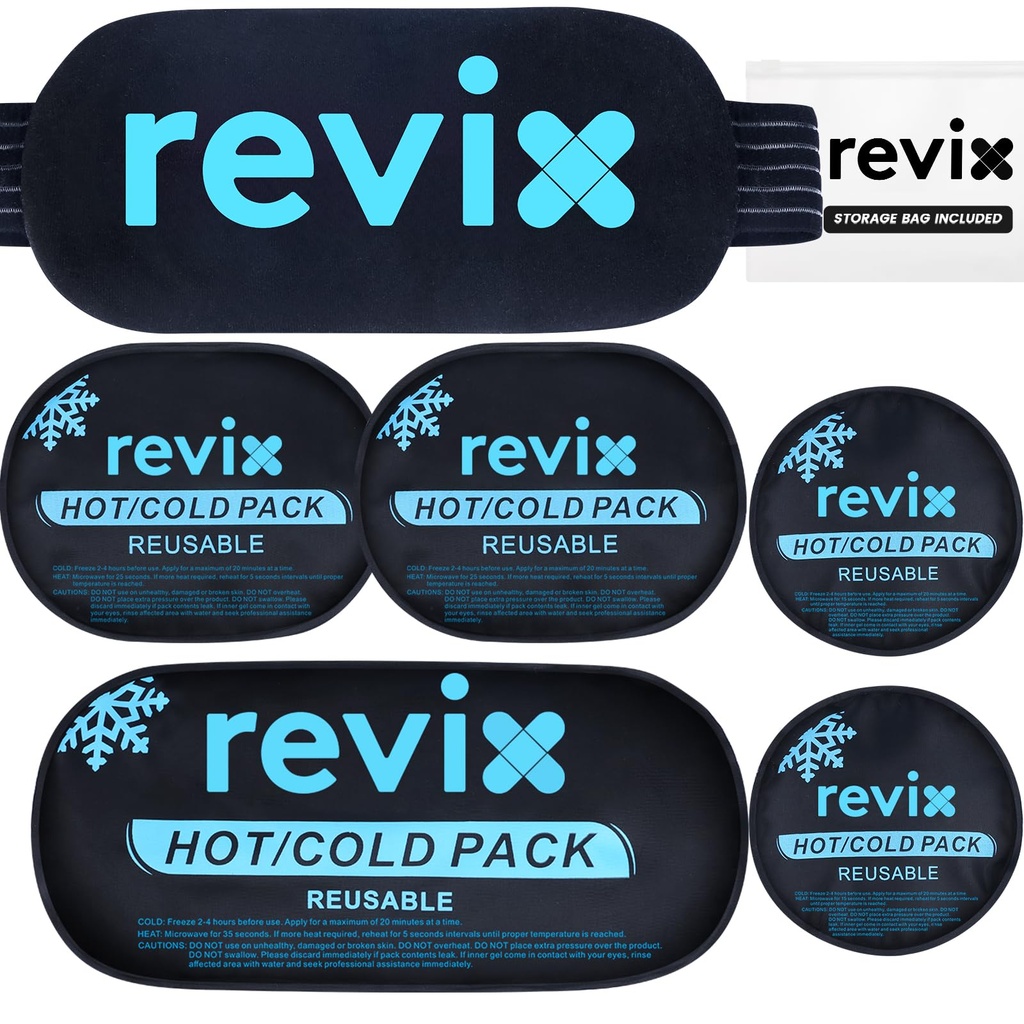 REVIX Ledeni paketi za poškodbe, ki jih je mogoče ponovno uporabiti, 5-Piece Garnitura vroče in hladno gel Ledeni paket za sklepe, mišice, okrevanje po delu, nastavljive in prilagodljive hladilne padce za kolena, hrbet, roke in vrat