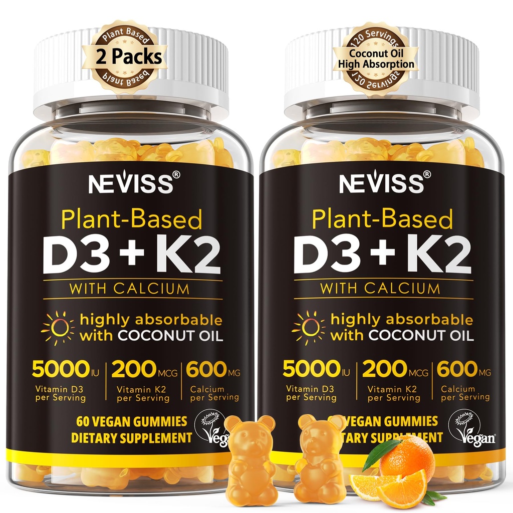 Vitamin D3 5000iu & K2( kot MK7 ) 200mcg Gumies + 600mg Kalcij, s kokosovim oljem za visoko absorpcijo, največja moč vitamin D3 K2 dodatek - podpora za kostne mišice zob imunske, Vegan 2Packs