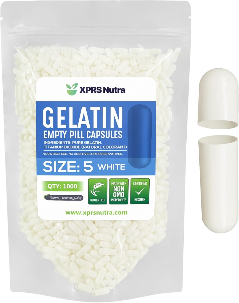 XPRS Nutra velikost 5 praznih kapsul - 1000 Štetje zelo majhnih praznih kapsul želatine - tablete DIY Kapsule Polnjenje - Polne tablete Gel caps za Do-it-Yourself Vitamin dopolnila (bela)