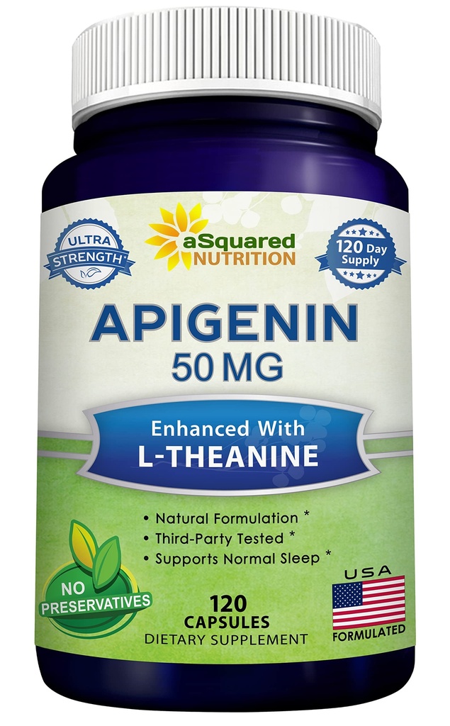 aSquared Nutrition Apigenin 50mg & L-Theanine 200mg - 120 kapsul - Apigenin dopolnilne tablete za spanje in sprostitev - naravni Bioflavonoidni ekstrakt najdemo v kamilični čaj