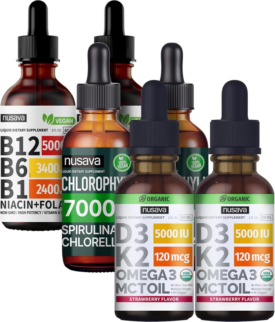 NUSAVA Jagoda z okusom D3 K2, klorofil, in vitamin B12 Tekoče kapljice Budle - Močni tekoči vitamini za srce, energijo, možgane in imunske podpore - Ne-GMO, Gluten-free, 2pk vsak