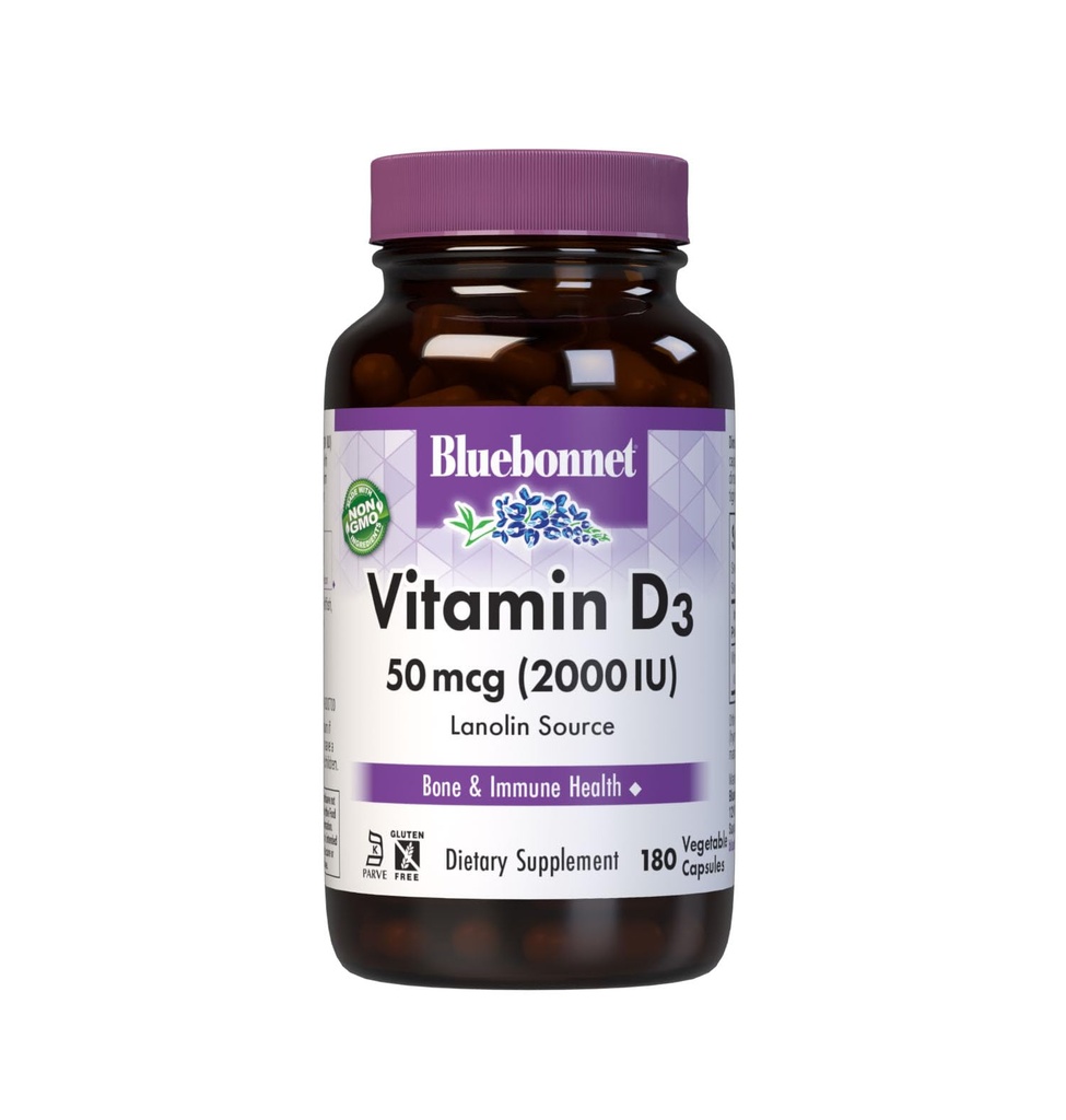 Bluebonnet Nutrition Vitamin D3 2000 i.e. rastlinska kapsula, pomoč pri rasti mišic in kosti, holekalciferol iz lanolina, D3, brez GSO, brez glutena, brez soje, brez mleka, Košir, 180 Zelenjavna kapsula