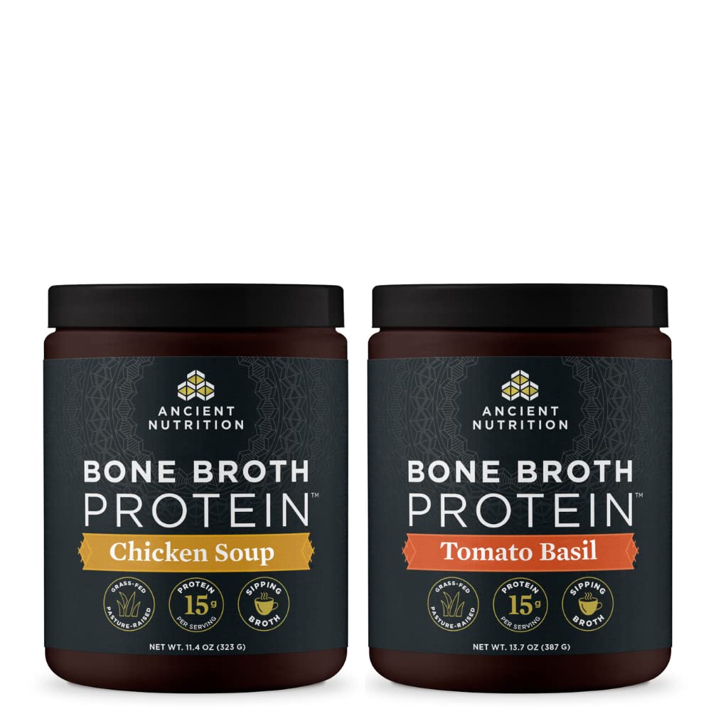 Ancient Nutrition Bone Broth Protein Powder, Chicken Juha, 15 Servings + Bone Broth Protein Powder, Tomato Basil, 15 Serving