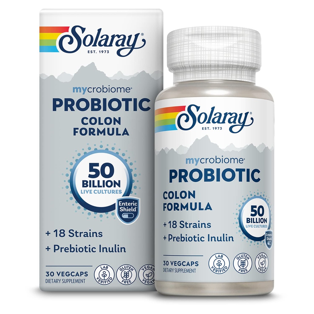 SOLARAY Mycrobiome Probiotic Colon Formula, Vegan, Digestive Function, Colon Health, in Imunski sistem Podpora, 50 milijard CFU, 18 sevi, Prebiotic Inulin, 60-dnevni garancije, 30 Servings, 30 VegCaps