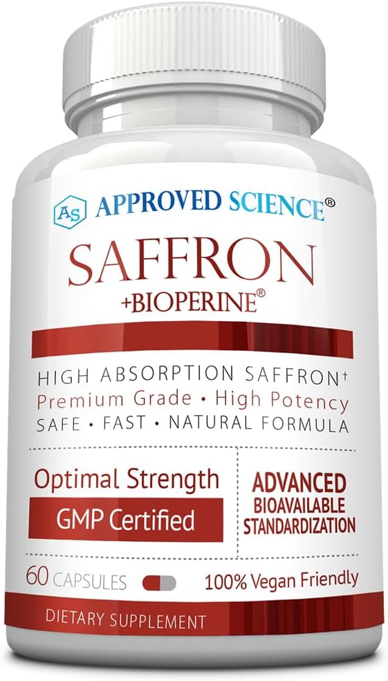 Odobreno Science® Saffron standardizirano na 3% Crocin, 2% Safranal - BioPerin z visoko telesno temperaturo - Vegan, 60 kapsul - pakiranje po 1