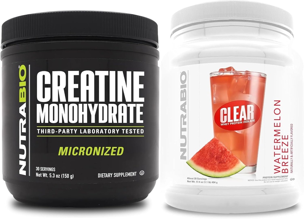 NutraBio Kreatin Monohidrat, brez arome, (150 g) in čisti izolat sirotkinih beljakovin, (Watermelon Breeze) dodatek – mišična energija, največja rast, regeneracija in moč