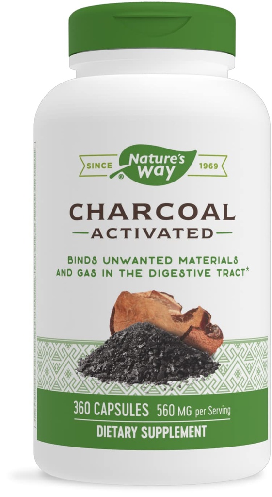 Naravna pot Aktiviran Charcoal, Binds Neželeni materiali in plin v prebavni trakt*, 560 mg na 2-kapsula Serving, 360 kapsule (Packaging May Vary)