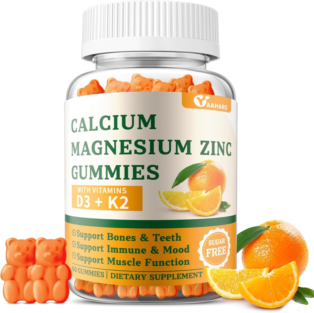 Kalcijev magnezijev cink Gumiji z vitaminom D3 & K2 - brez sladkorja kalcijevi gumiji za ženske in moške - podpora kosti in imunskega sistema - brez glutena, brez glutena, oranžne arome - 60 gumijev