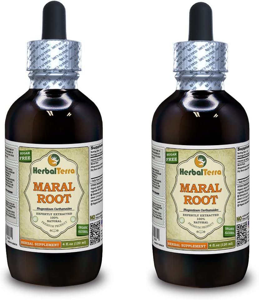 Maral root (Rhaponticum Carthamoides) Tinktura, Tekoči ekstrakt organskih posušenih korenin (Brand Name: HerbalTerra, Proudly Made in USA) 2x4 fl.oz (2x120 ml)