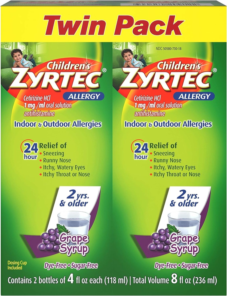 Zyrtec 24 Hr Otroška alergija Sirup s cetirizinom, grozdje brez sladkorja, Twin Pack po 4 fl. oz