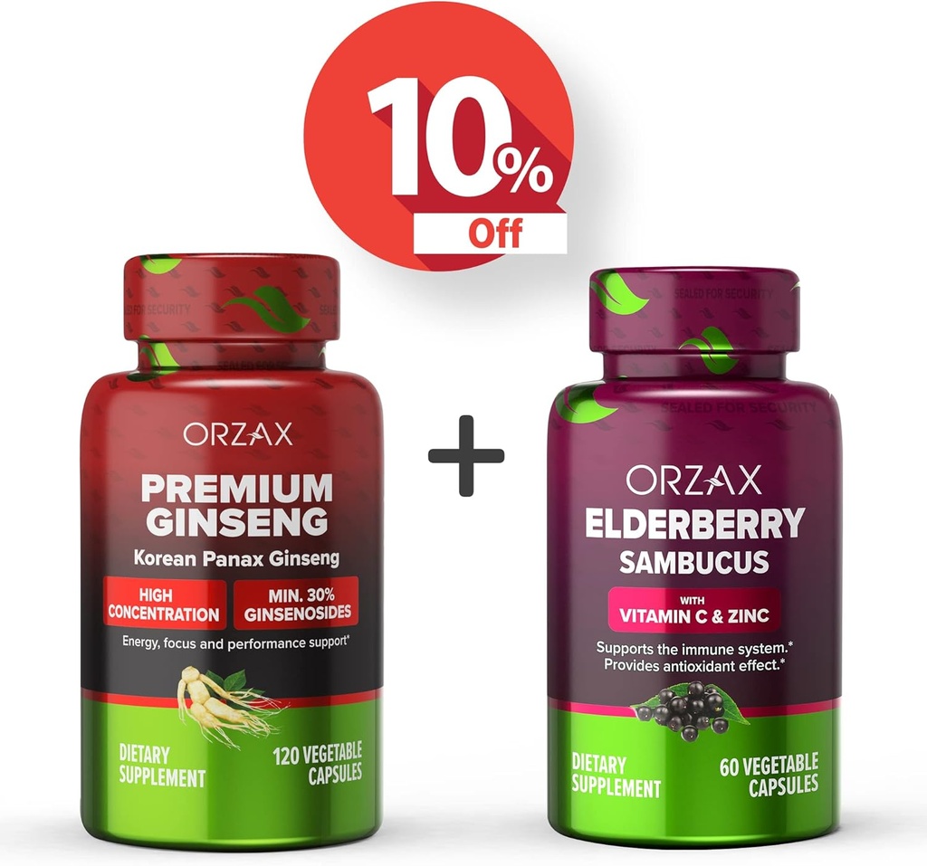 ORZAX ginseng, 30% ginsenozidi, Premium 120 Zelenjavne Kapsule in Bezgove jagode, 2000mg 60 Zelenjavne Kapsule, Bundle
