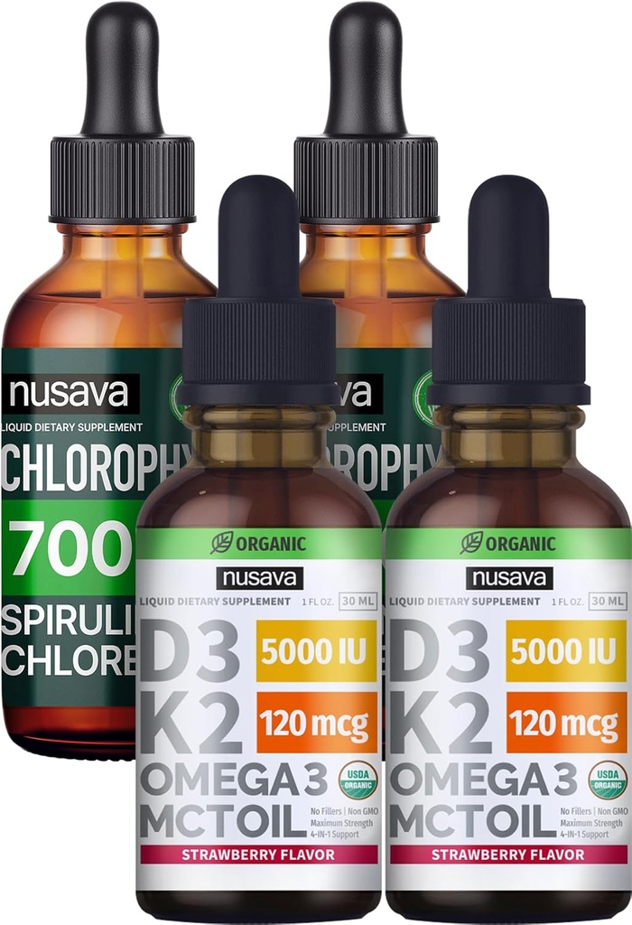 Žganje iz jagode NUSAVA D3 K2 Kapljice in klorofil Tekoče kapljice Skodle - Močni tekoči vitamini za srce, Joint, Energija, & Imunska podpora - Ne-GMO, Gluten-free, 2pk vsak