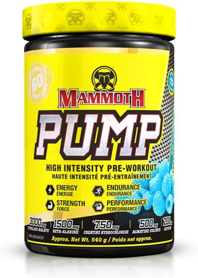 MAMMOTH PUMP – Pred treningom Powder, Superior mišične črpalke, povečanje moči in vzdržljivosti, eksplozivna moč in energijska dopolnila, povečano osredotočenost, hitro okrevanje, zmanjšana občutljivost (60 strežnikov, modra