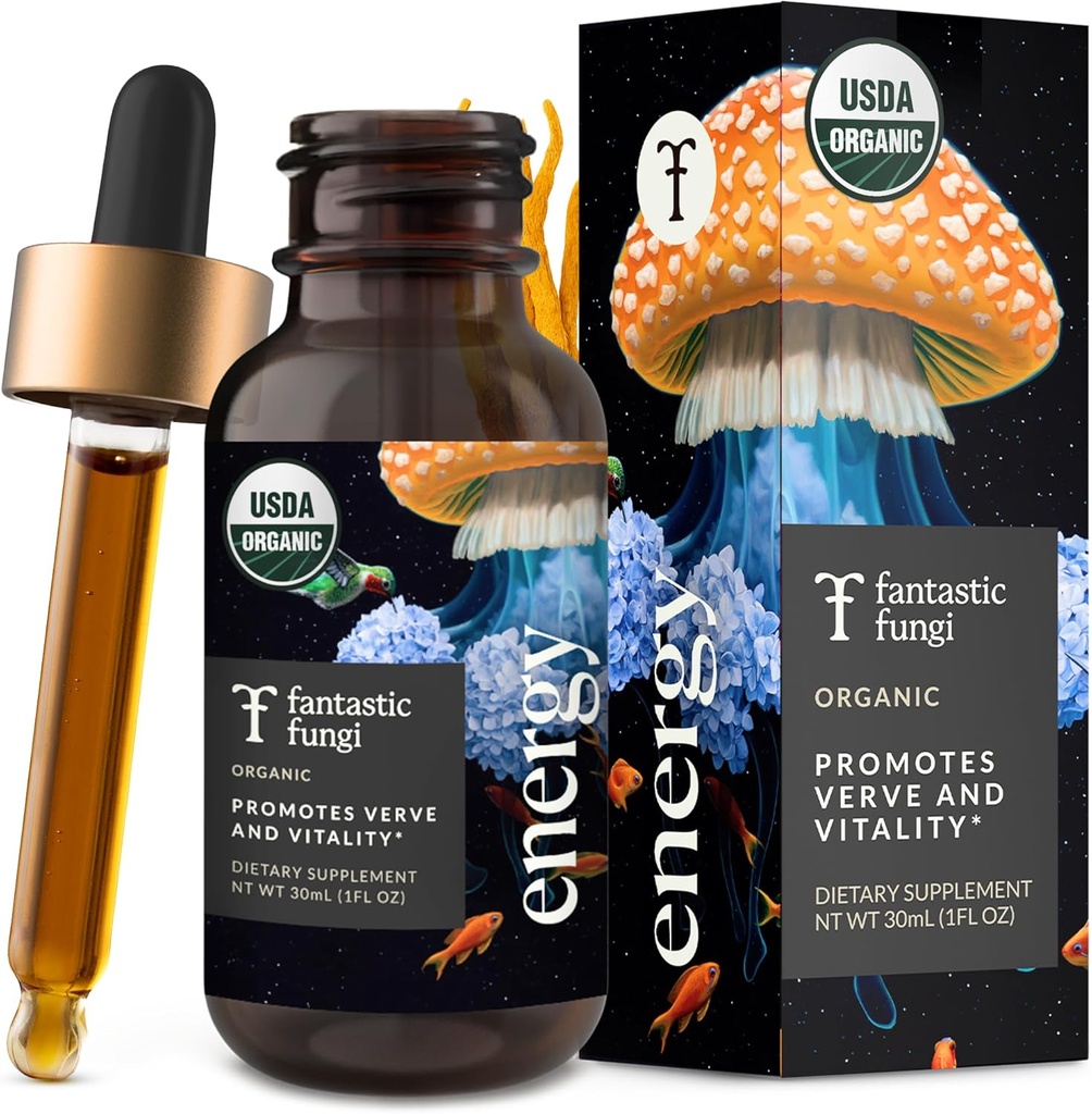 Fantastic Fungi Cordyceps Gobe Tinkture kapljice - 4-v-1 Stress Support & Energy Elixir z ginseng, Turčija Tail & Rhodiola - Izvleček organskih gob Tekoča, 30 Serving, 1 fl oz