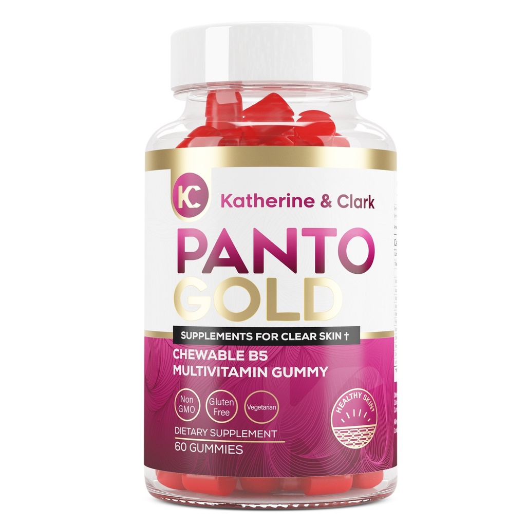 Katherine & Clark Panto Gold Vitamin B5 Pantotenska kislina Gumiji za Acne - Koža in nohti las Gumiji - Biotin, cink, Folna kislina Žvečljiva Ne-GMO Gluten-Free za telo - oljna koža Gumies - 60 Count