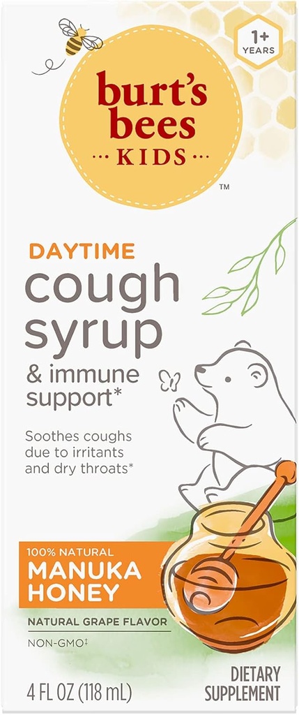 Burtove čebele Otroci Daytime Cough Sirup in Imunska podpora, aroma naravnega grozdja, prehranska dopolnila, 4 Fl Oz